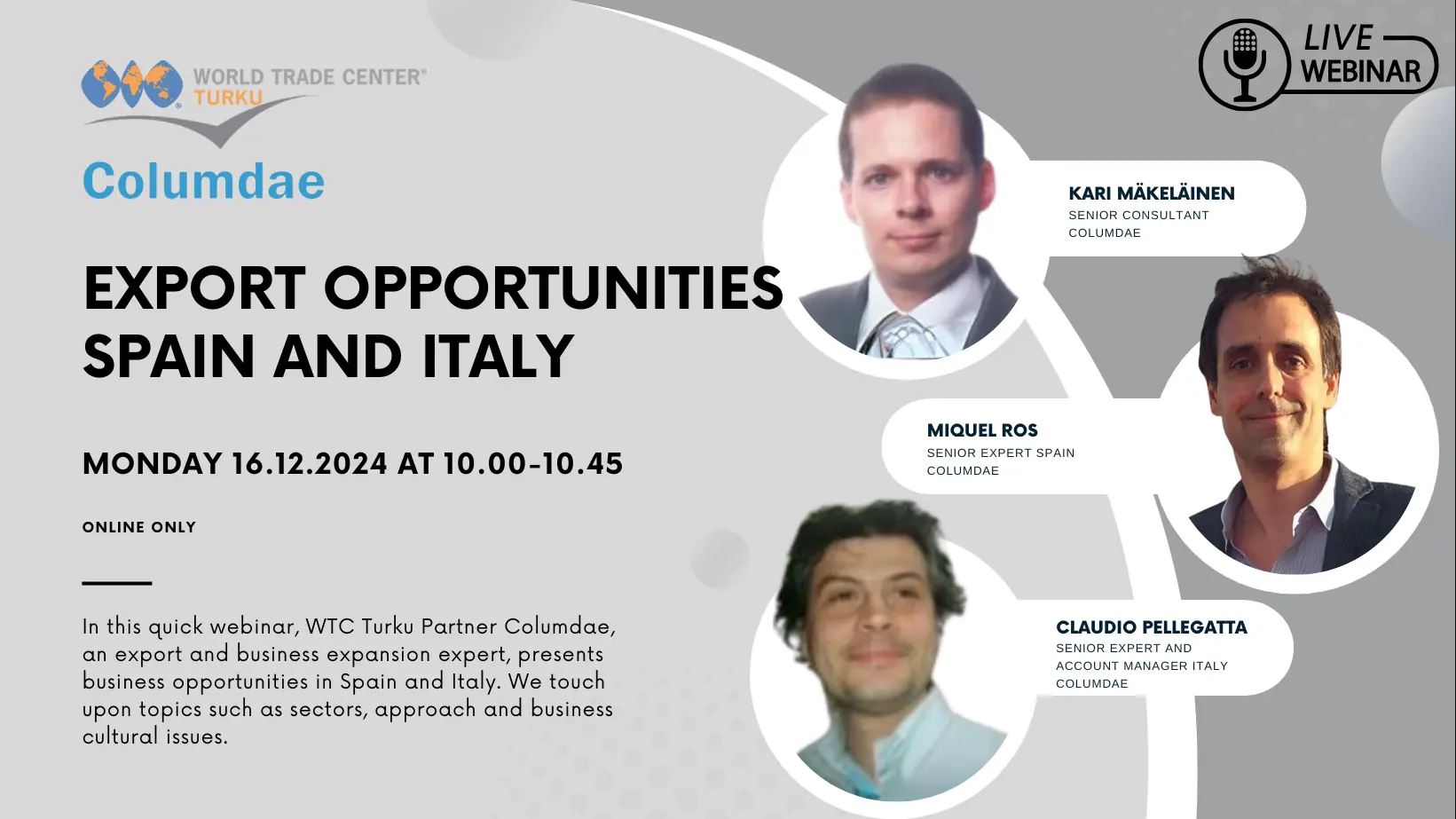 Colour image: Export Opportunities in Spain and Italy webinar event poster