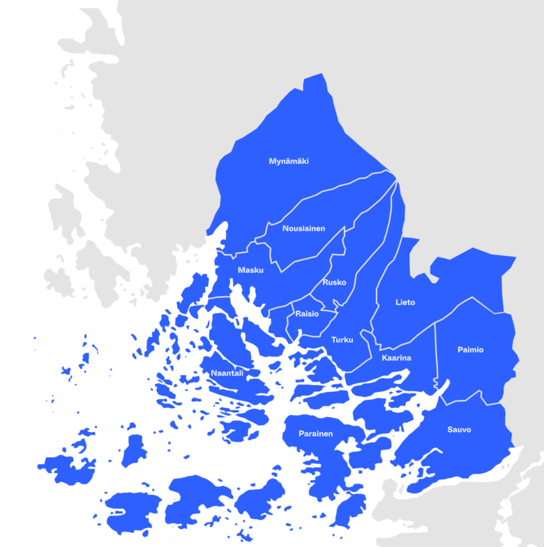 Värikuva: Sinisellä maalatut alueet Turun seudulla, joita Business Turku palvelee