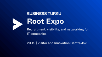 Root Expo event banner in Business Turku brand colors. Text reads: "Root Expo – Recruitment, visibility, and networking for IT companies. 20.11. | Visitor and Innovation Centre Joki". White arrow logo on the left, blue gradient background.