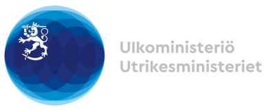 Suomen ulkoministeriön logo. Vasemmalla ympyrä, jonka sisällä suomileijonan symboli, ja oikealla teksti "Ulkoministeriö, Utrikesministeriet".