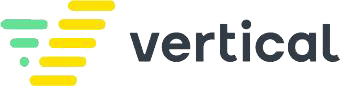 Logo of Vertical. On the left, the letter v consisting of horizontal green and yellow lines. On the right, the company's name in black text.
