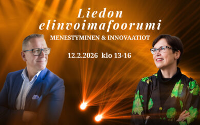 Mies ja nainen katsovat kohti valoa, jonka keskellä lukee Liendon elinvoimafoorumi, menestyminen ja innovaatiot 12.2.2026 klo 13-16