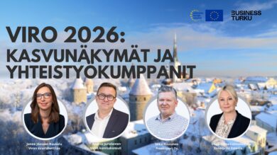 Viro 2026: Kasvunäkymät ja yhteistyökumppanit -infon kuva, jossa kuvat neljästä päivän puhujasta.