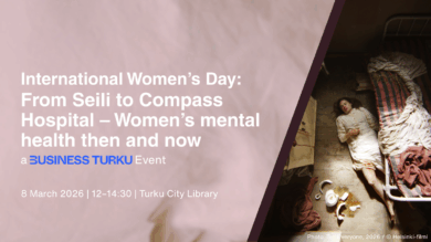 A promotional event poster with International Women’s Day details on the left and, on the right, a film scene showing a woman lying on the floor beside a bed amid broken objects.