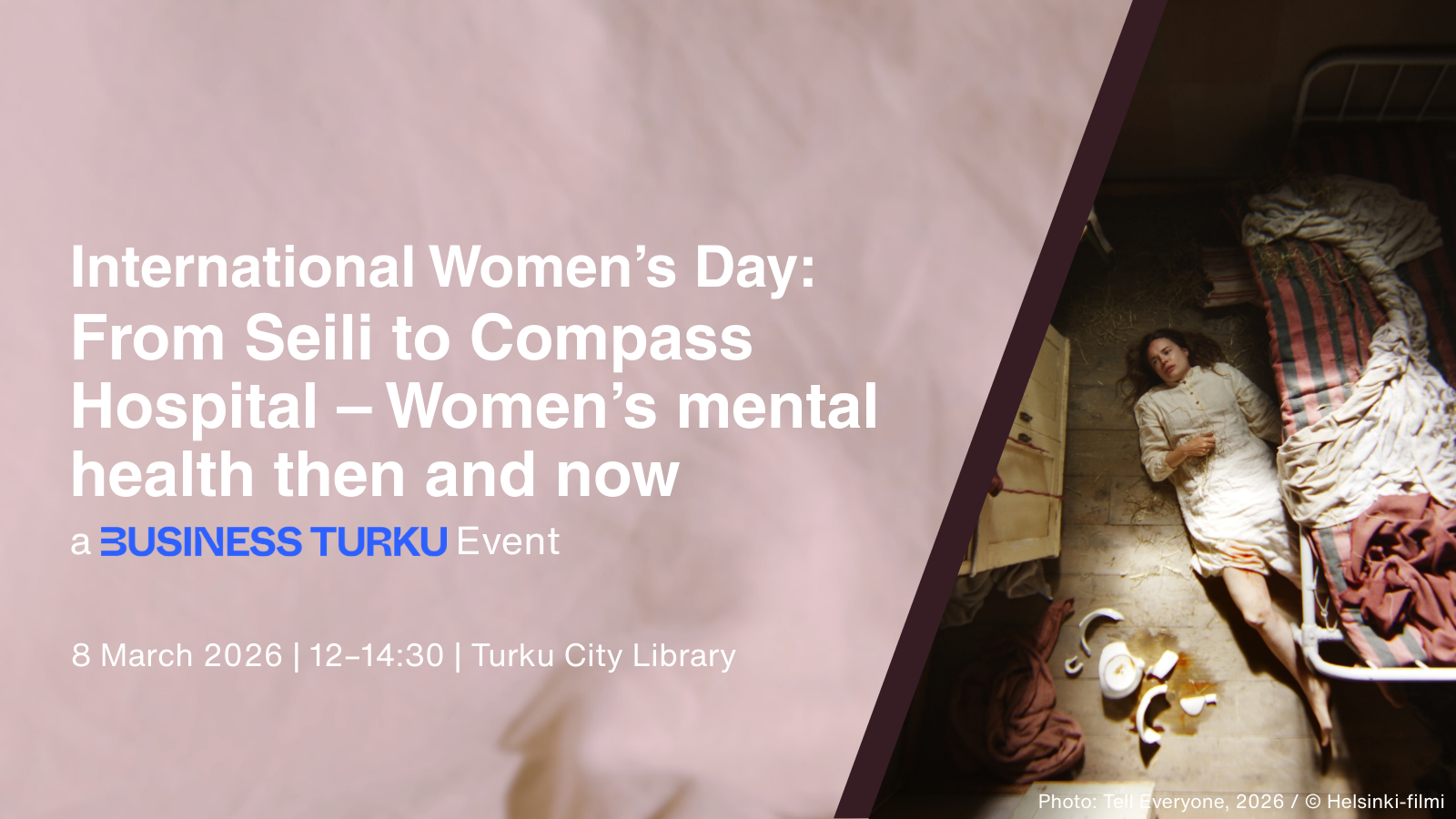 A promotional event poster with International Women’s Day details on the left and, on the right, a film scene showing a woman lying on the floor beside a bed amid broken objects.