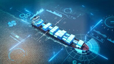 A cargo ship viewed from above. The image features graphic elements that illustrate the use of technology.
