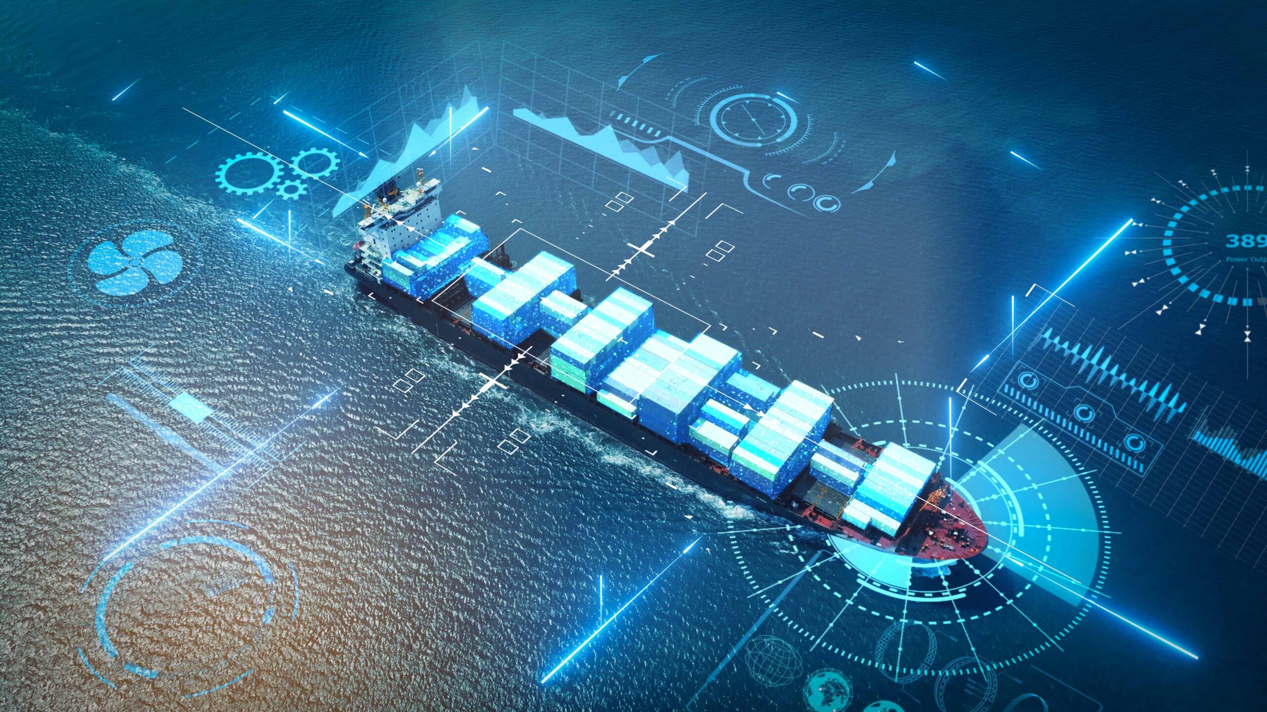 A cargo ship viewed from above. The image features graphic elements that illustrate the use of technology.