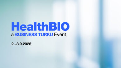A clean promotional graphic with a light blue and grey gradient background. The title “HealthBIO” appears in bold blue text, with the subtitle “a Business Turku Event” below. The event dates “2–3 September 2026” are displayed beneath the title.