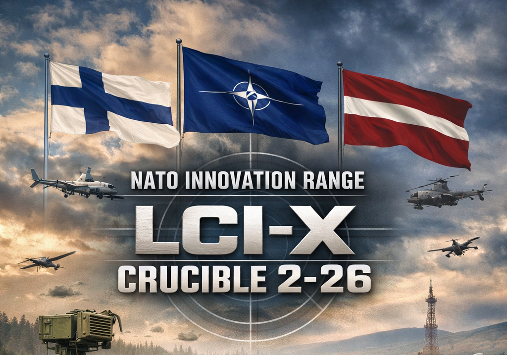 Kuvassa näkyy Suomen, Naton ja Latvian liput taivasta vasten. Taustalla sotilaslentokoneita ja helikoptereita ilmassa sekä sotilasajoneuvo maassa. Kuvan keskellä teksti “NATO Innovation Range LCI‑X Crucible 2‑26”.