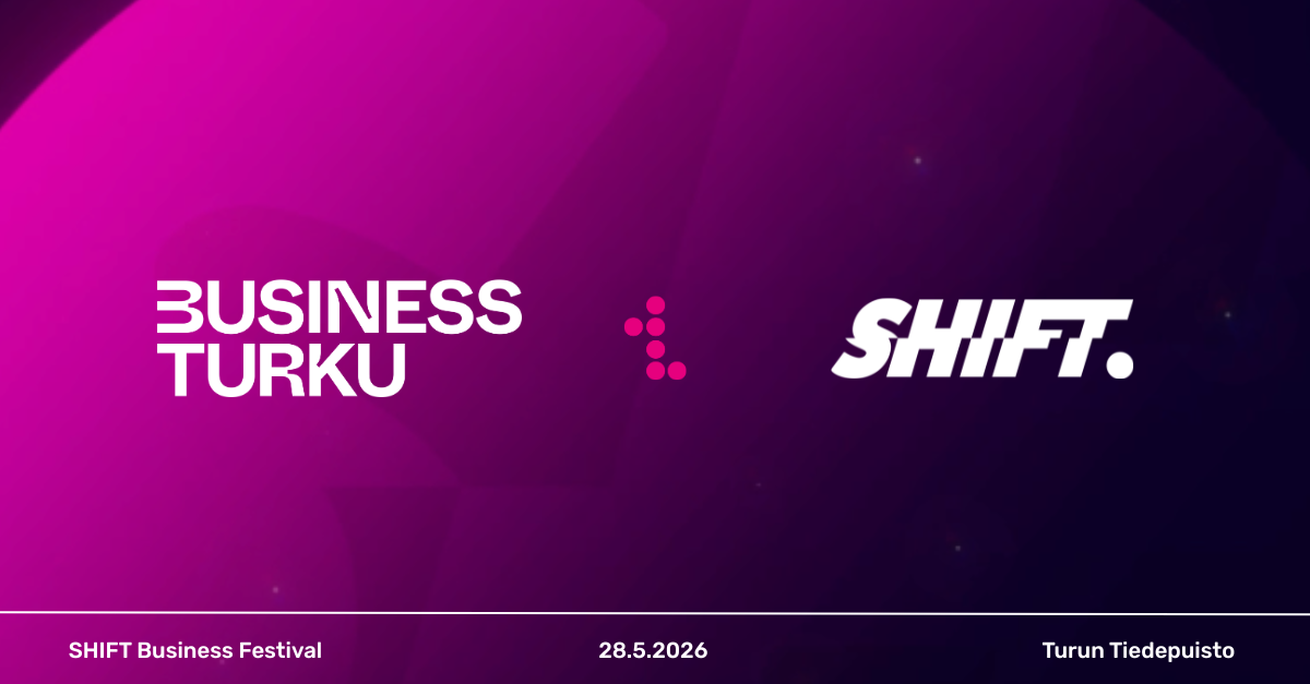 Logos of Business Turku and SHIFT placed side by side on a magenta-purple gradient background. At the bottom, text reads “SHIFT Business Festival”, the date “28.5.2026”, and the location Turun Tiedepuisto.