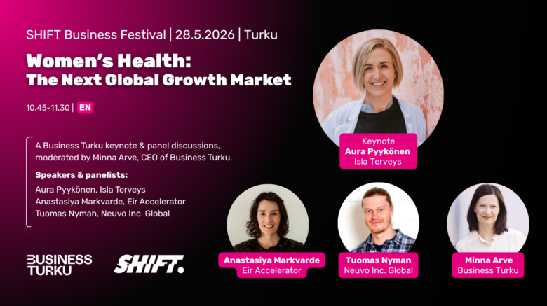 Mainoskuva SHIFT Business Festivalista Turussa 28.5.2026. Kuvan otsikko on “Women’s Health: The Next Global Growth Market”. Sessio järjestetään klo 10.45–11.30 englanniksi. Kyseessä on Business Turun keynote ja paneelikeskustelu, jonka moderoi Business Turun toimitusjohtaja. Puhujina ovat Aura Pyykönen (Isla Terveys), Anastasiya Markvarde (Eir Accelerator) ja Tuomas Nyman (Neuvo Inc. Global). Kuvassa on puhujien pyöreät kasvokuvat tumman pinkin ja mustan sävyisellä taustalla sekä Business Turku- ja SHIFT-logot alareunassa.