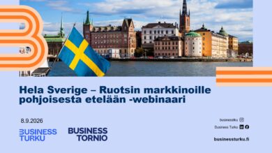 Tapahtumakuva Ruotsin markkinoille suuntautuvasta webinaarista: kaupunkinäkymä ja Ruotsin lippu, tekstissä “Hela Sverige – Ruotsin markkinoille pohjoisesta etelään -webinaari 8.9.2026”. Alla Business Turun ja Business Tornion logot.