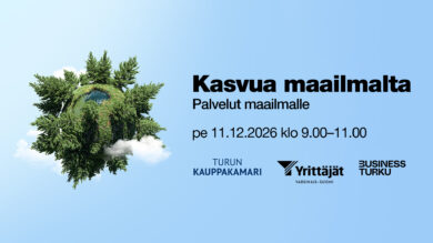 Vihreä, puihin peittynyt leijuva maapallo vaaleansinisellä taustalla. Teksti: ”Palvelut maailmalle”, pe 11.12.2026 klo 9.00–11.00. Logot: Turun kauppakamari, Varsinais-Suomen Yrittäjät ja Business Turku.