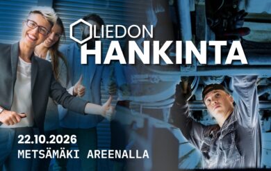 Kuva Liedon Hankinta -tapahtumasta: vasemmalla puolella kaksi henkilöä näyttää peukkua, oikealla henkilö työskentelee teknisessä ympäristössä koneen alla. Teksti “LIEDON HANKINTA” 22.10.2026 Metsämäki Areenalla.