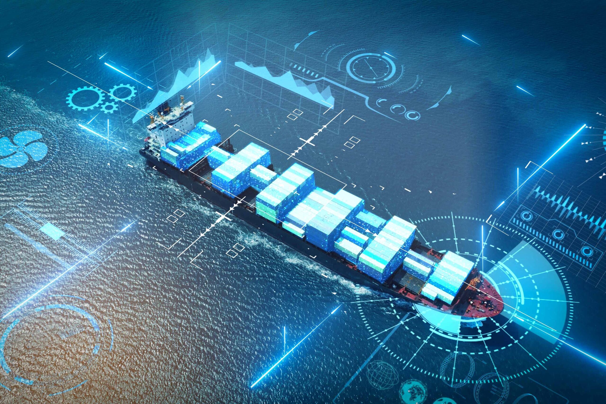 A cargo ship viewed from above. The image features graphic elements that illustrate the use of technology.