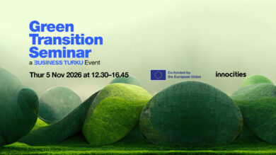 Promotional banner for the Green Transition Seminar. The image shows green wrapped hay bales in a field against a soft green background. The banner includes the event title “Green Transition Seminar,” organized by Business Turku, taking place on Thursday, 5 November 2026, from 12:30 to 16:45. The image also features the logos of the European Union, indicating co-funding by the European Union, and Innocities.