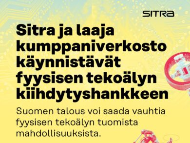 SITRAn grafiikka fyysisen tekoälyn kiihdytyshankkeesta. Vaaleankeltaisella taustalla näkyy teknologiaa ja piirilevyjä kuvaava kuvitus. Kuvan tekstissä kerrotaan, että Sitra ja laaja kumppaniverkosto käynnistävät fyysisen tekoälyn kiihdytyshankkeen. Alaotsikon mukaan Suomen talous voi saada vauhtia fyysisen tekoälyn tuomista mahdollisuuksista. Oikeassa reunassa on robotiikkaa ja automaatiota kuvaavia punasävyisiä kuvituselementtejä sekä Sitra-logo.
