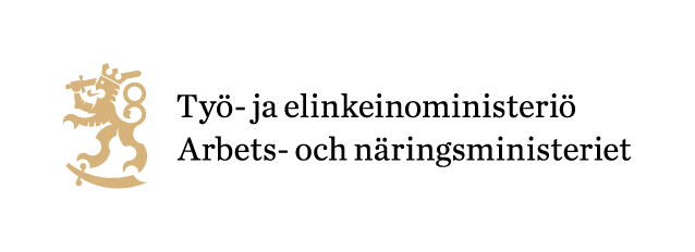 Työ- ja elinkeinoministeriön (TEM) logo, jossa Suomen vaakunaleijona ja ministeriön nimi mustalla taustalla.