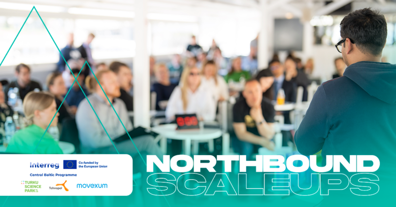 Promotional image for Northbound Scaleups shows a person pitching to an audience